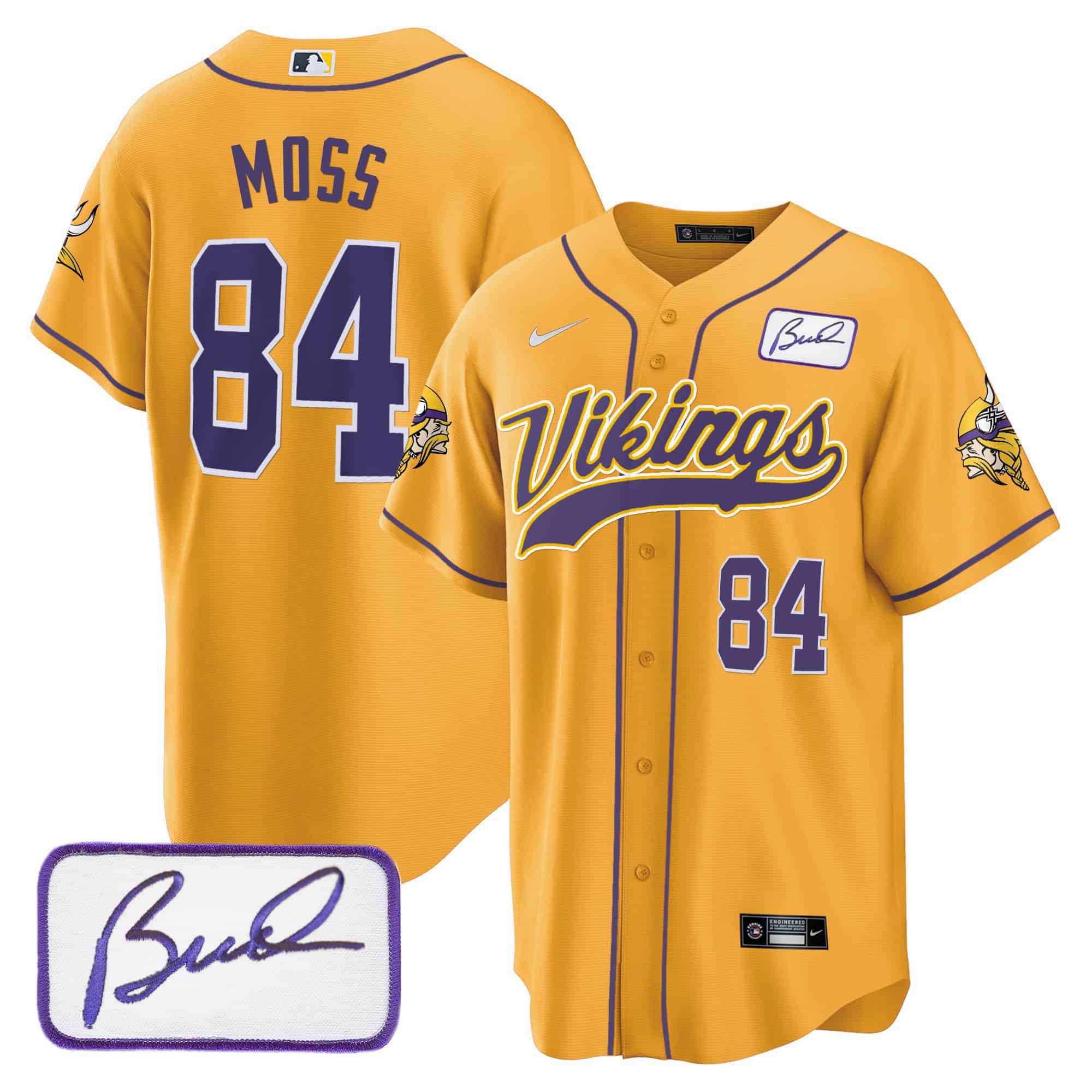 Men Minnesota Vikings 84 Moss Yellow 2024 Nike Bud Grant Patch Classic Baseball NFL Jersey